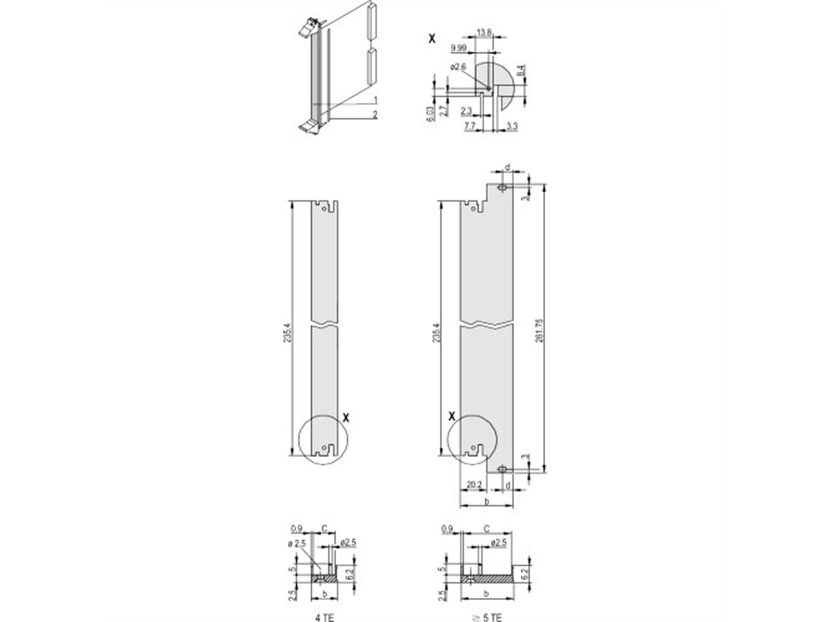 SCHROFF Plug-In Unit U-Profile Face avant pour IEL, IET, Type 2 Poignée, 6 U, 8 CV, 2,5 mm, Al, Anodisé frontal, Conducteur arrière