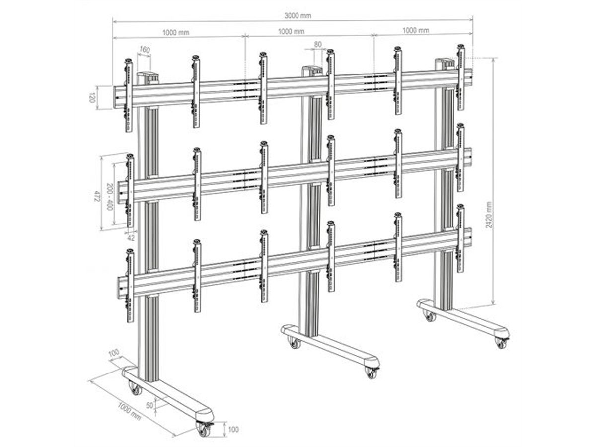 Hagor support mural HA-VWT 3 x 3 Landscape, Videowall-Trolley, noir