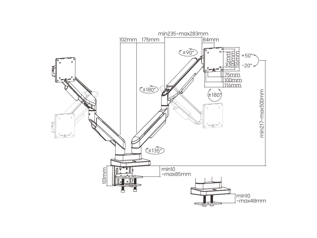 ROLINE Support double LCD à gaz, 5 axes de rotation, max. 20 kg