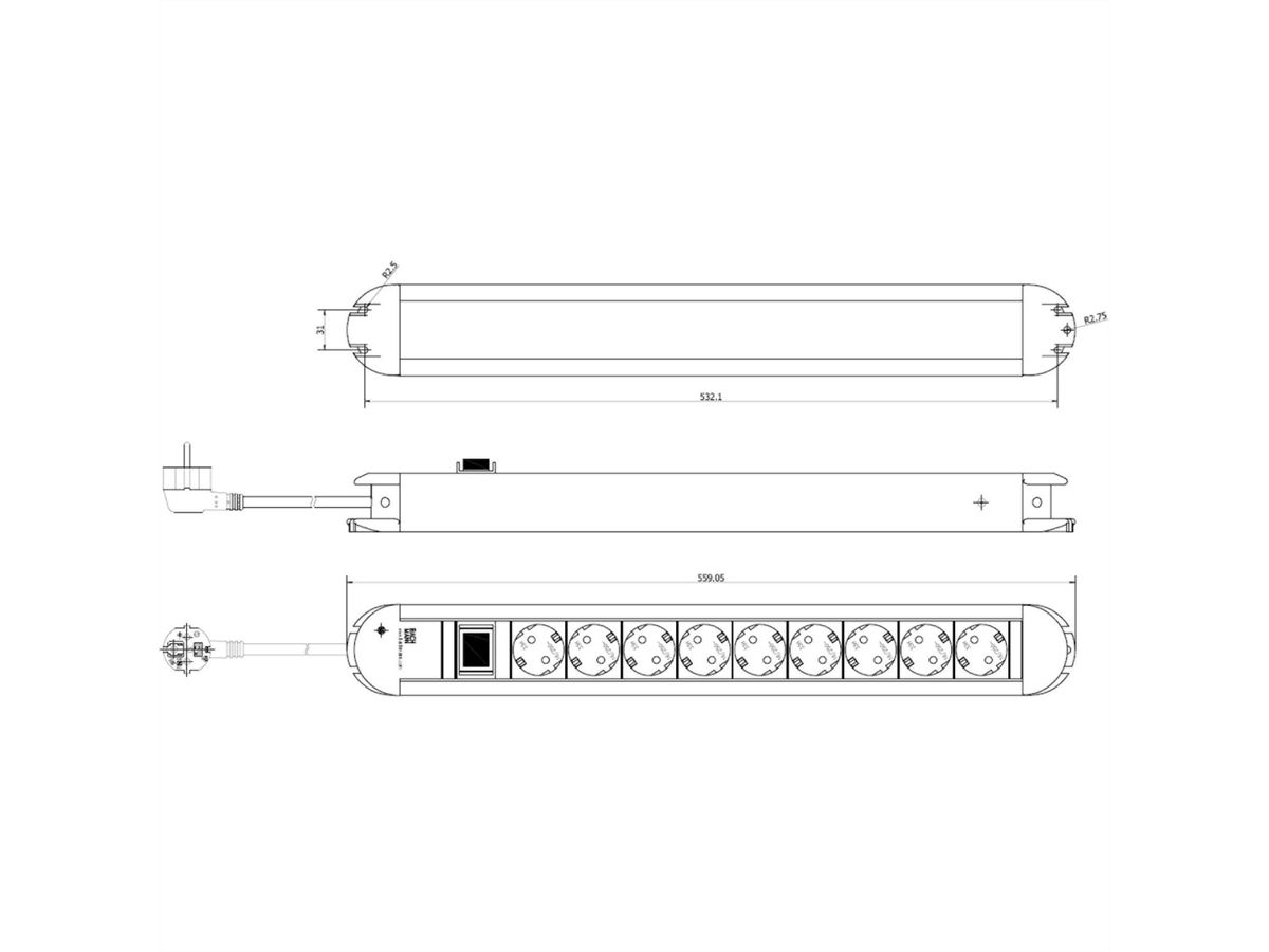 BACHMANN PRIMO Bâti de prises 9x contact de protection, aluminium, avec interrupteur, 1,75 m