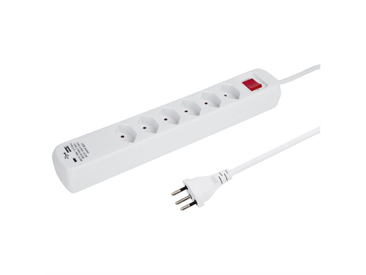 Steffen Bloc multiprises PowerEasy 6 prises, 1x USB-A, 1x USB-C, avec interrupteur, blanc, 1.5m