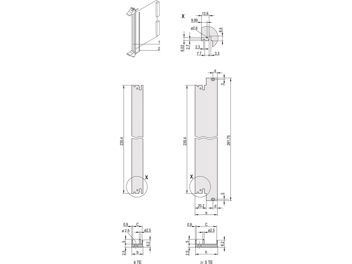 SCHROFF Plug-In Unit U-Profile Face avant pour IEL, IET, Type 2, 3 U, 7 HP, Décalage 0,1", 2,5 mm, Al, Anodisé frontal, Conducteur arrière