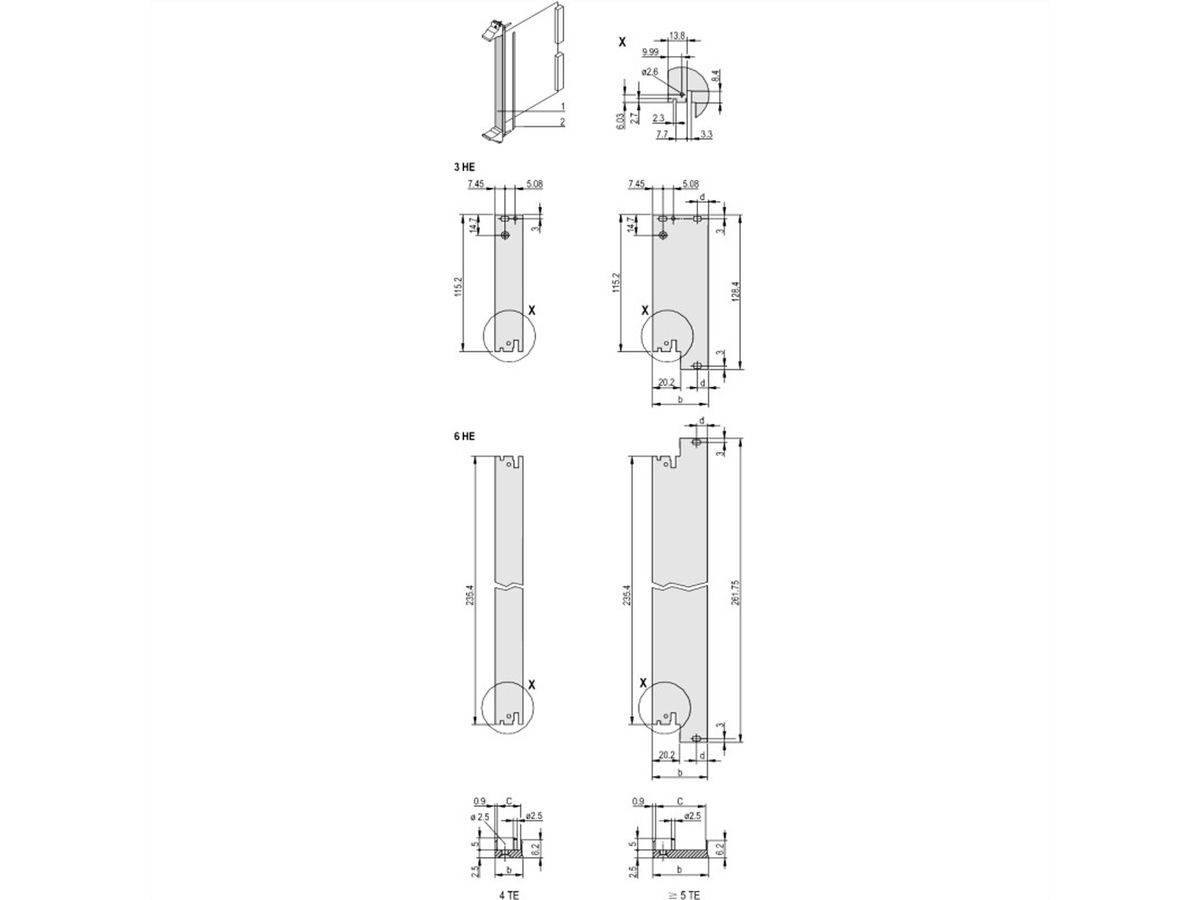 SCHROFF Plug-In Unit U-Profile Face avant pour IEL, IET, Type 2 Poignée, 3 U, 7 CV, 2,5 mm, Al, Anodisé frontal, Conducteur arrière