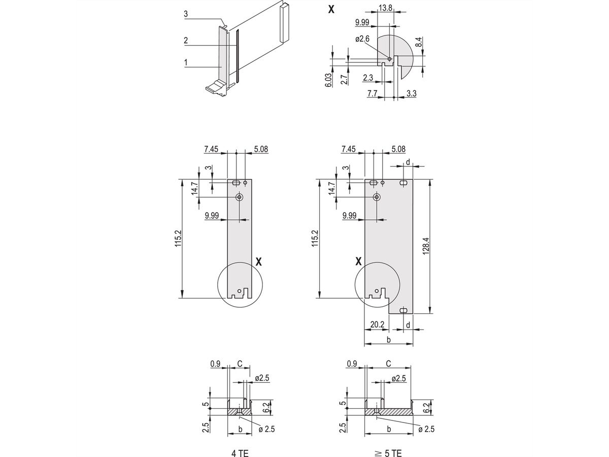 SCHROFF Plug-In Unit U-Profile Face avant pour IEL, IET, Type 2, 3 U, 5 HP, Décalage 0,1", 2,5 mm, Al, Anodisé frontal, Conducteur arrière